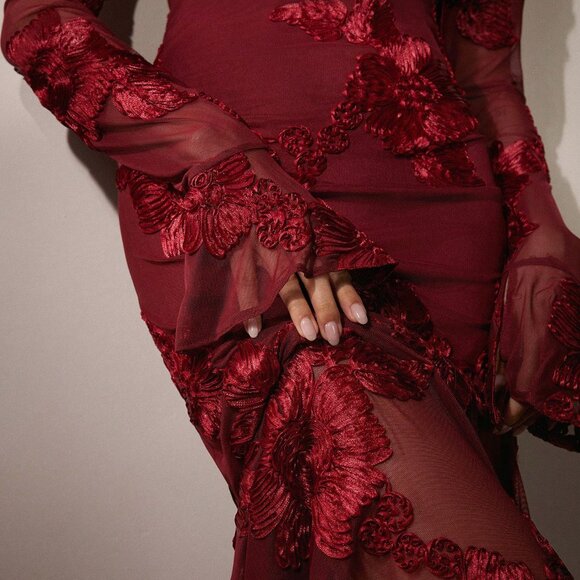 Red Elegant Romantic Women's Soft 3d Floral Embroidery Maxi Dress - Picture 8 of 8